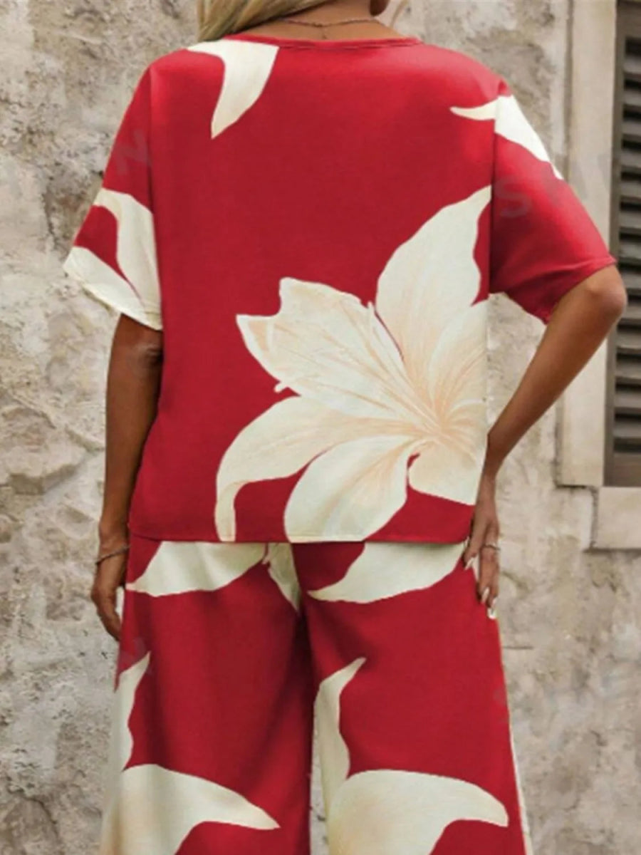 Printed V - Neck Top and Wide Leg Pants Set - Necessary Clothing