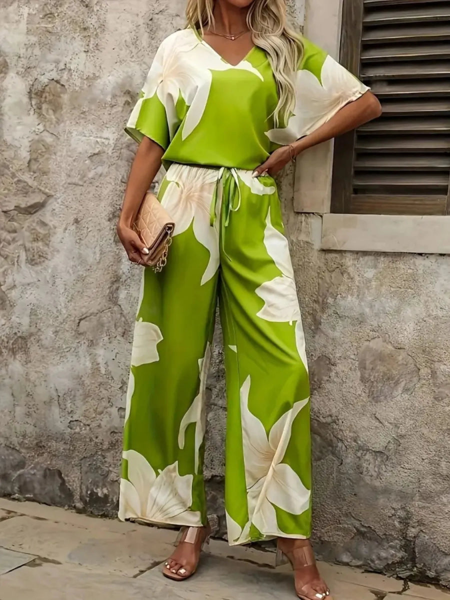 Printed V - Neck Top and Wide Leg Pants Set - Necessary Clothing