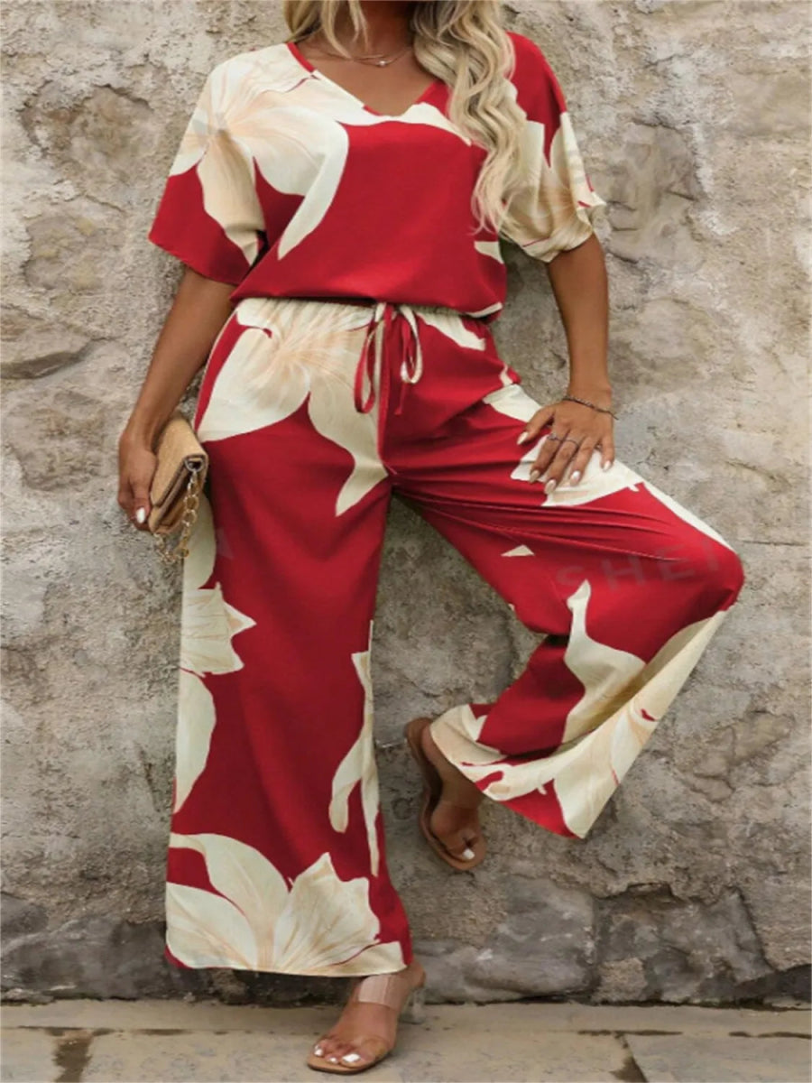 Printed V - Neck Top and Wide Leg Pants Set - Necessary Clothing