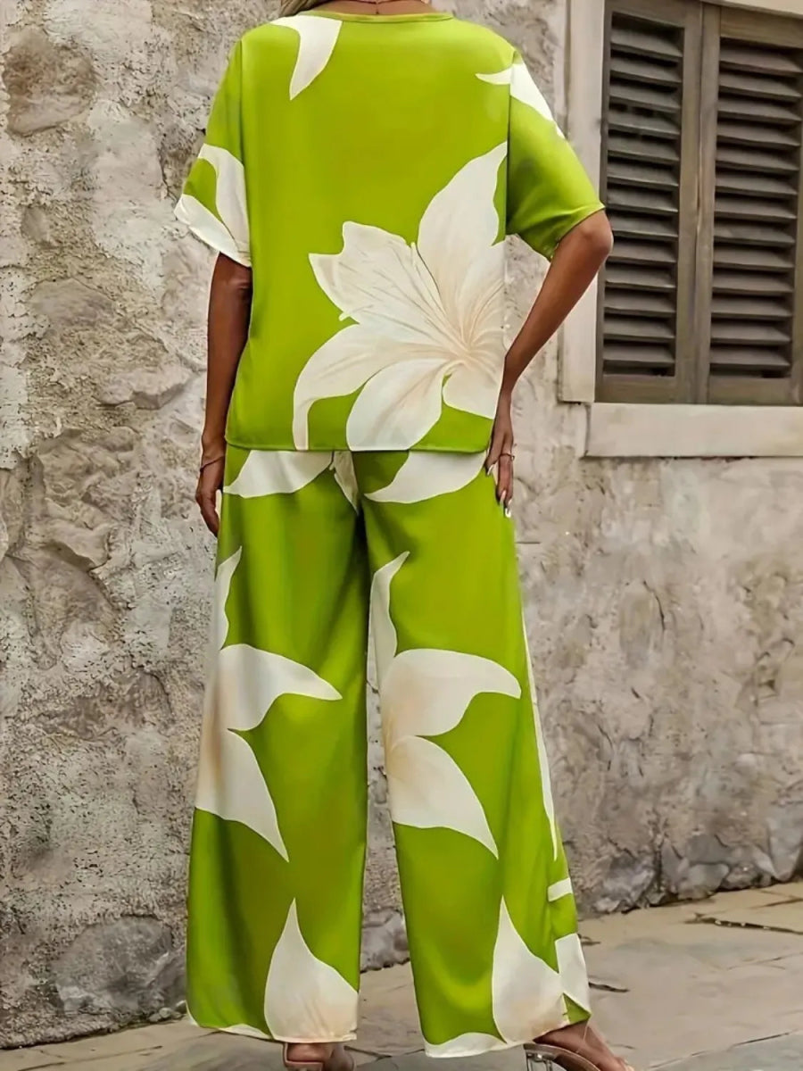 Printed V - Neck Top and Wide Leg Pants Set - Necessary Clothing
