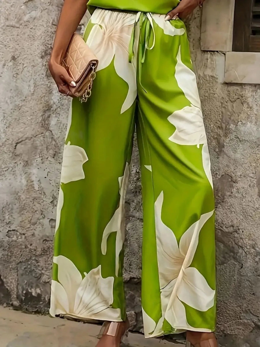 Printed V - Neck Top and Wide Leg Pants Set - Necessary Clothing