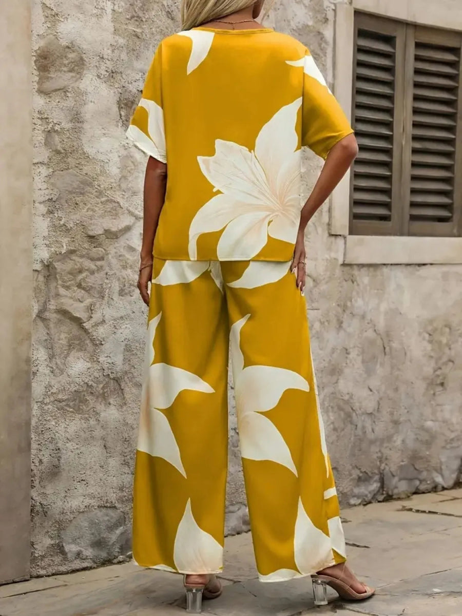 Printed V - Neck Top and Wide Leg Pants Set - Necessary Clothing
