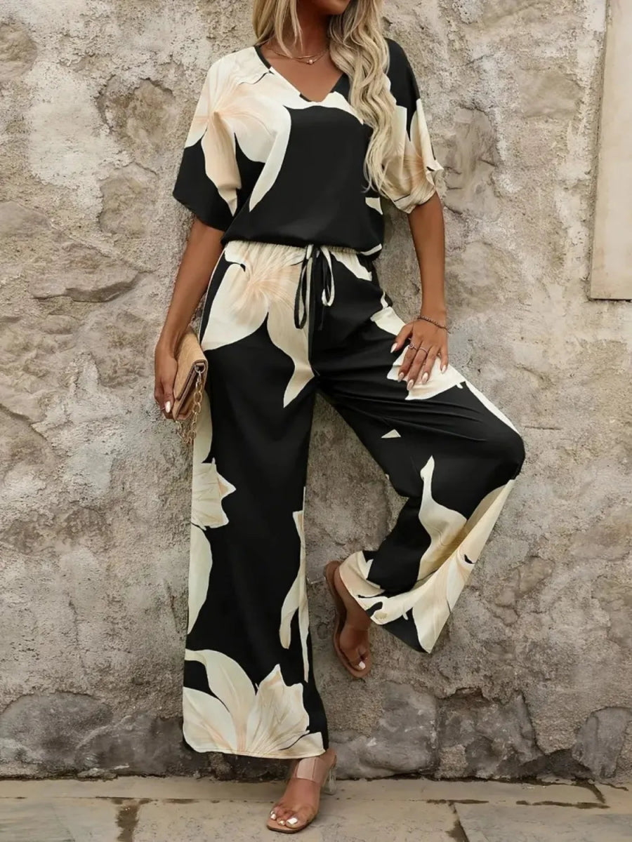 Printed V - Neck Top and Wide Leg Pants Set - Necessary Clothing