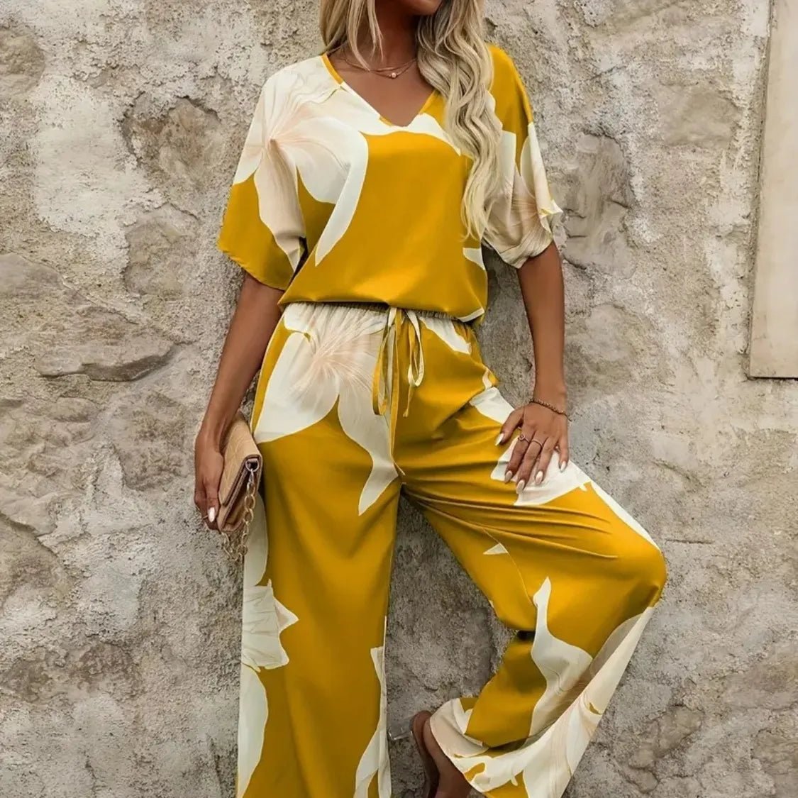 Printed V - Neck Top and Wide Leg Pants Set - Necessary Clothing