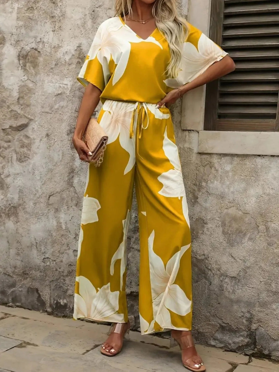 Printed V - Neck Top and Wide Leg Pants Set - Necessary Clothing