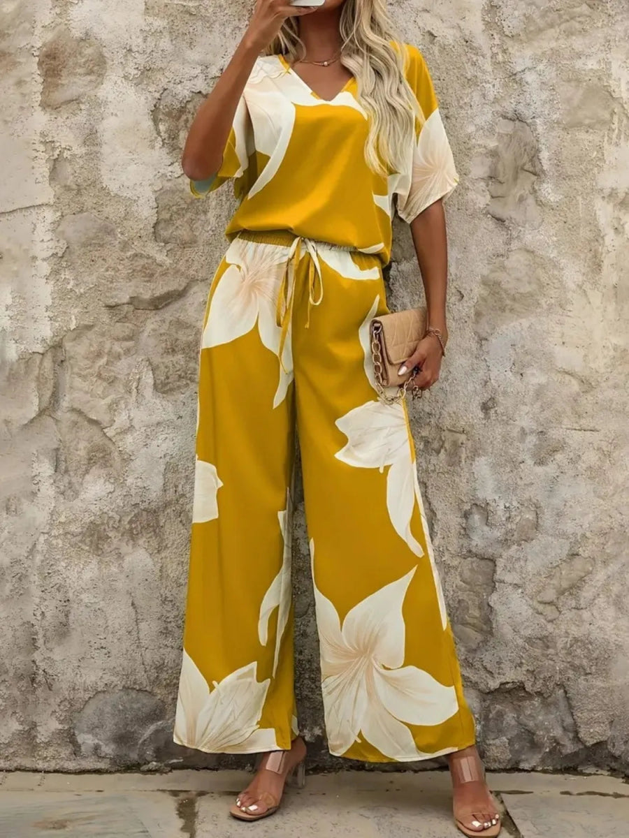 Printed V - Neck Top and Wide Leg Pants Set - Necessary Clothing