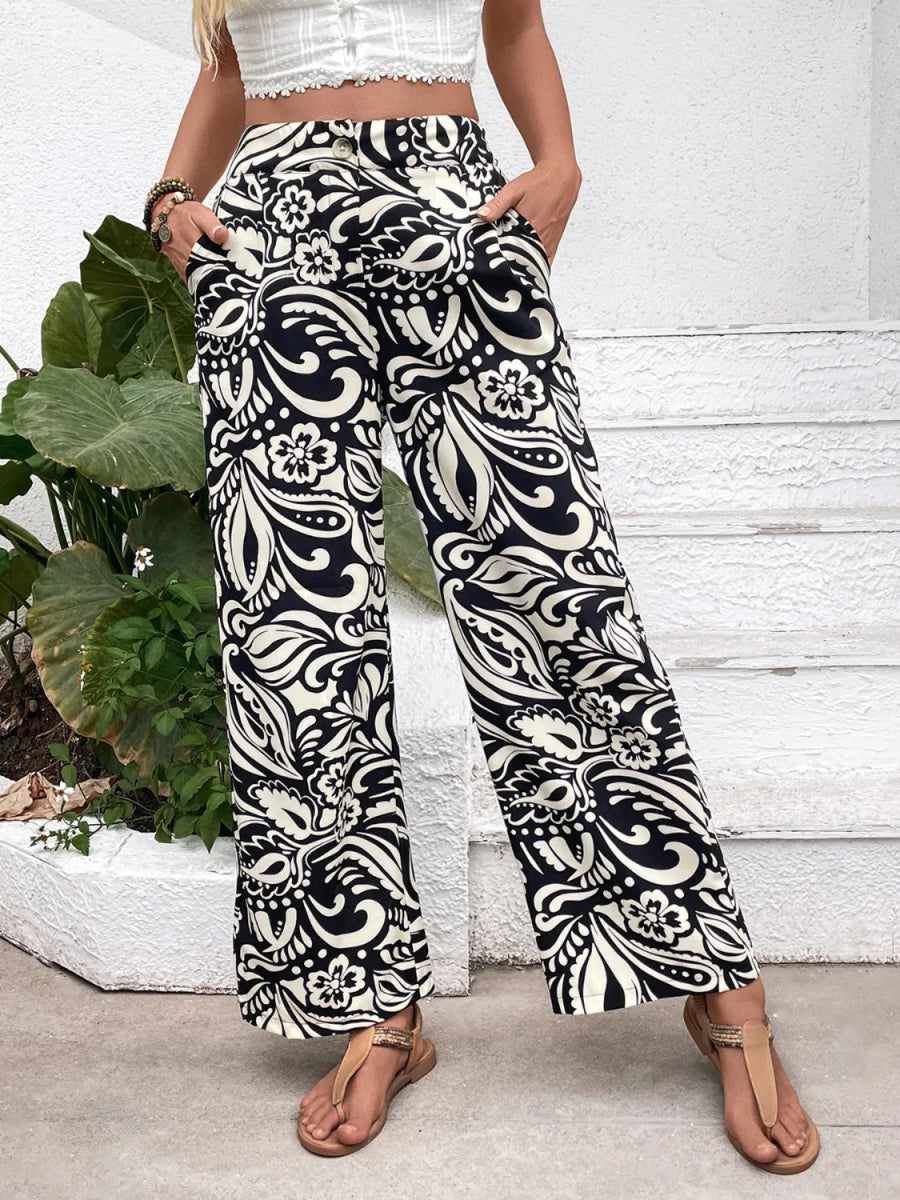Buttoned Wide Leg Pants with Pockets - Necessary Clothing