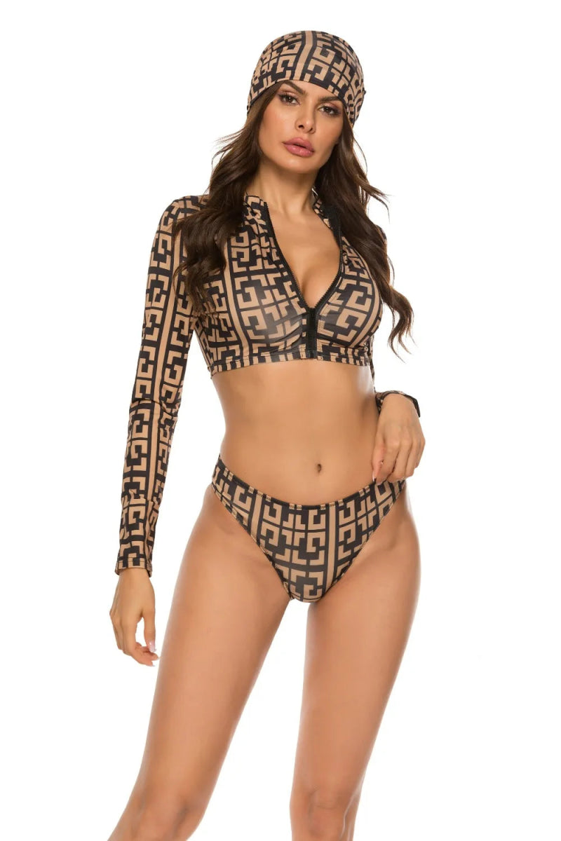 Printed Zip Up Three - Piece Swim Set - Necessary Clothing
