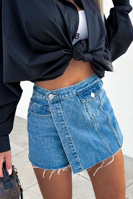 Raw Hem Buttoned Denim Shorts with Pockets - Necessary Clothing