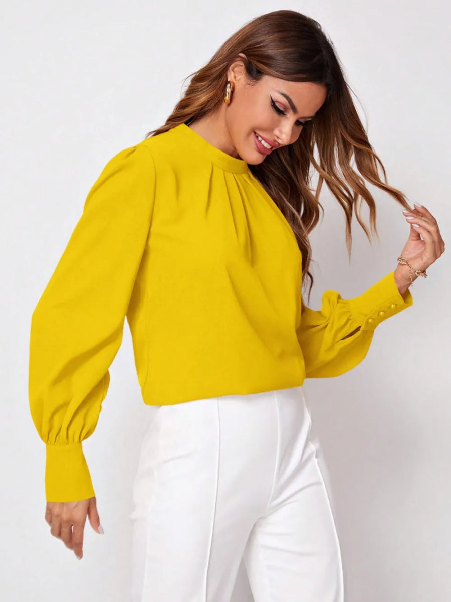 Ruched Mock Neck Long Sleeve Blouse - Necessary Clothing