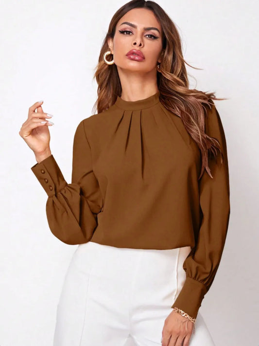 Ruched Mock Neck Long Sleeve Blouse - Necessary Clothing