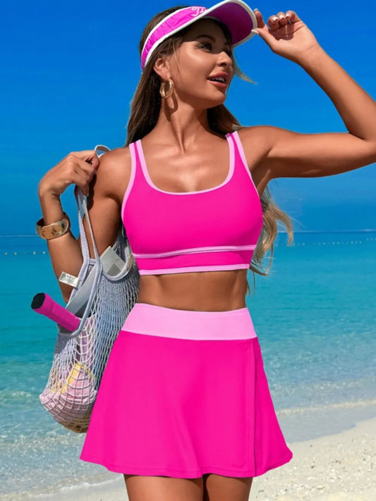 Scoop Neck Top and Skort Swim Set - Necessary Clothing