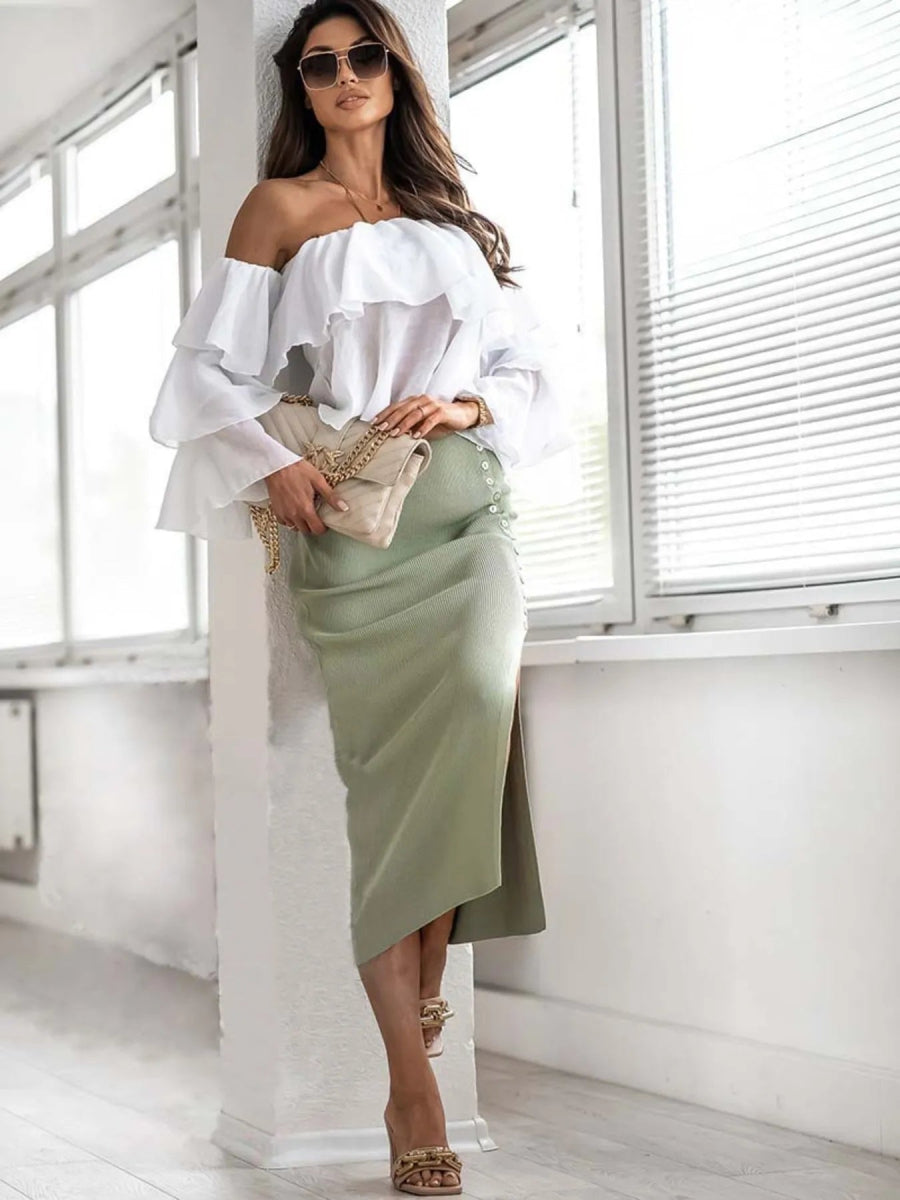 Slit Elastic Waist Buttoned Skirt - Necessary Clothing