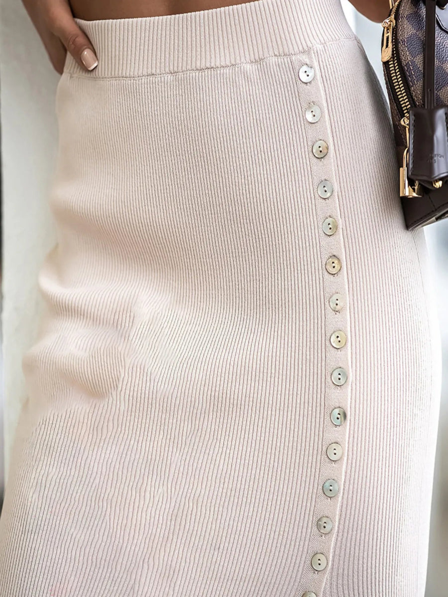 Slit Elastic Waist Buttoned Skirt - Necessary Clothing