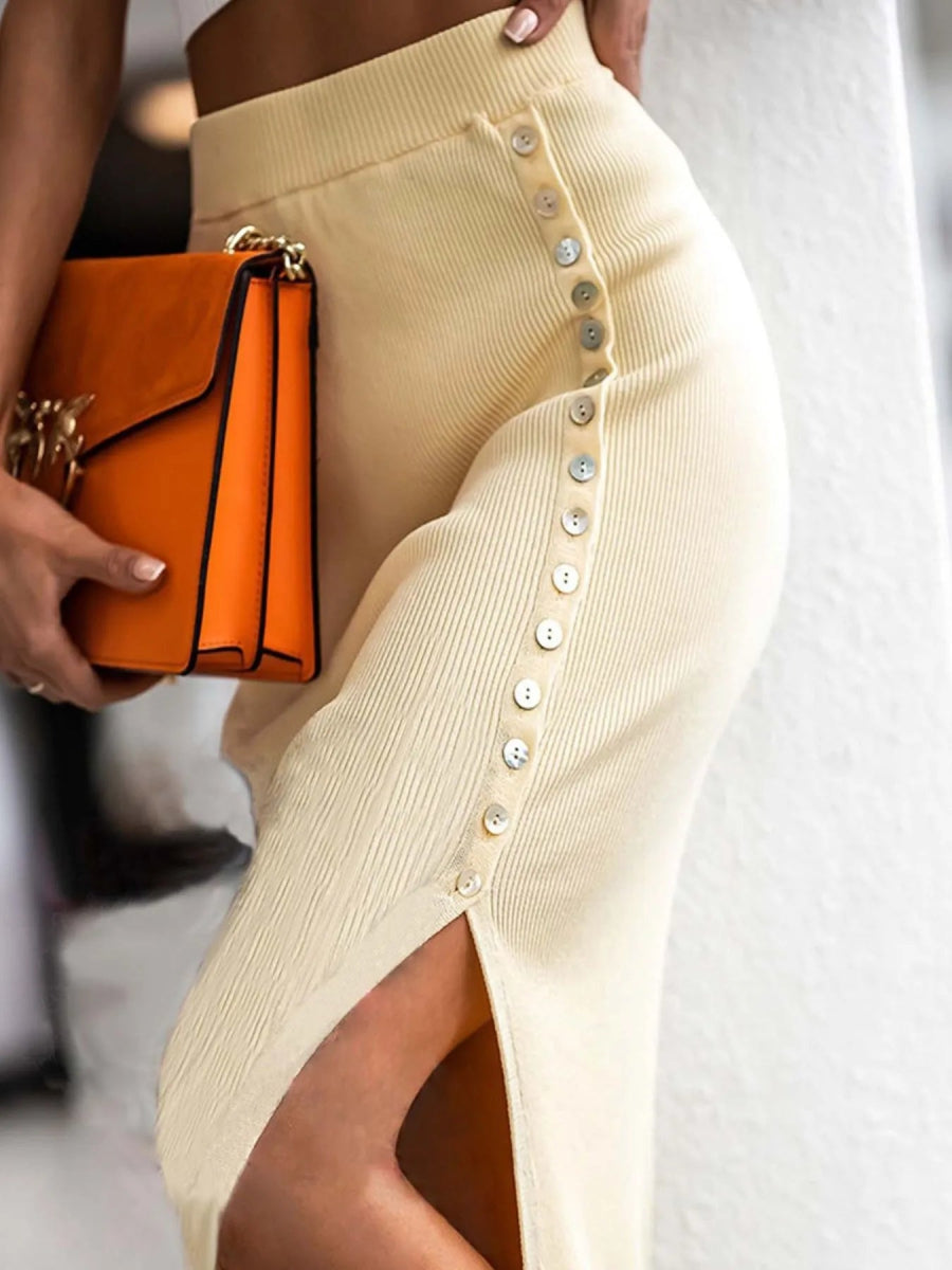 Slit Elastic Waist Buttoned Skirt - Necessary Clothing