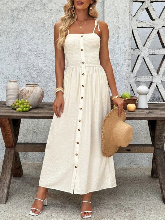 Smocked Button Front Tie Shoulder Dress - Necessary Clothing