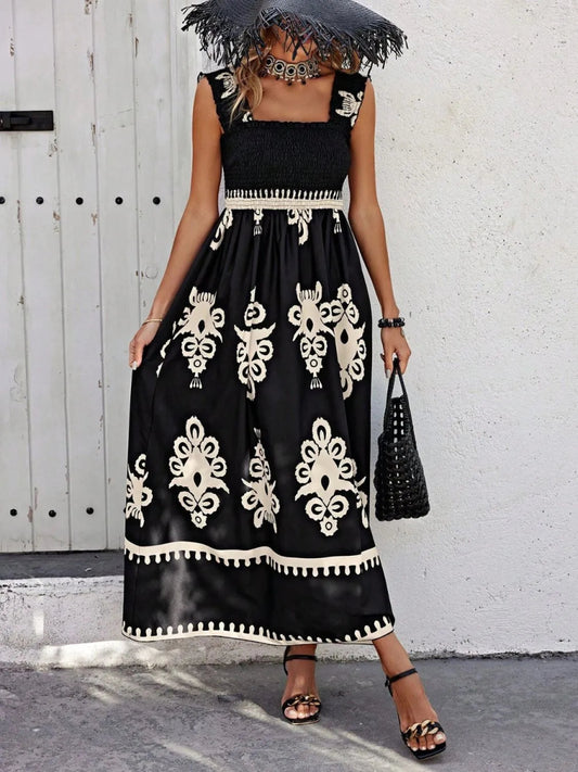 Smocked Printed Wide Strap Maxi Dress - Necessary Clothing