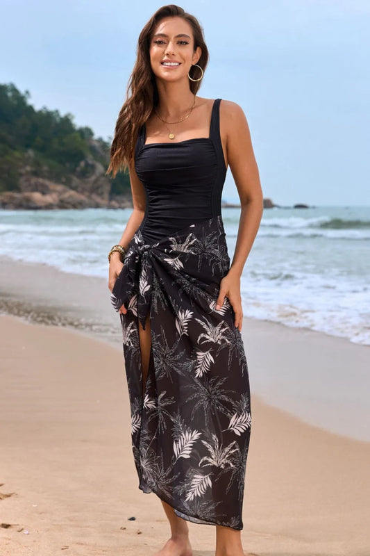 Square Neck Printed One - Piece Swimwear and Cover Up Swim Set - Necessary Clothing