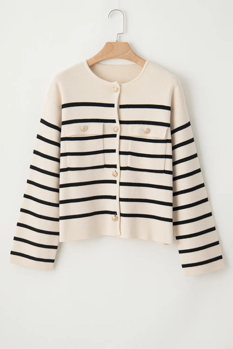 Striped Button Up Round Neck Cardigan - Necessary Clothing