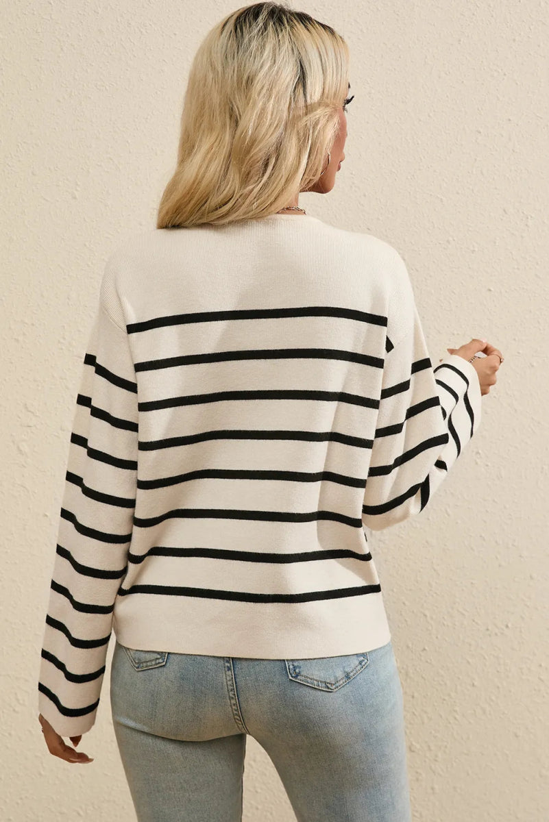 Striped Button Up Round Neck Cardigan - Necessary Clothing