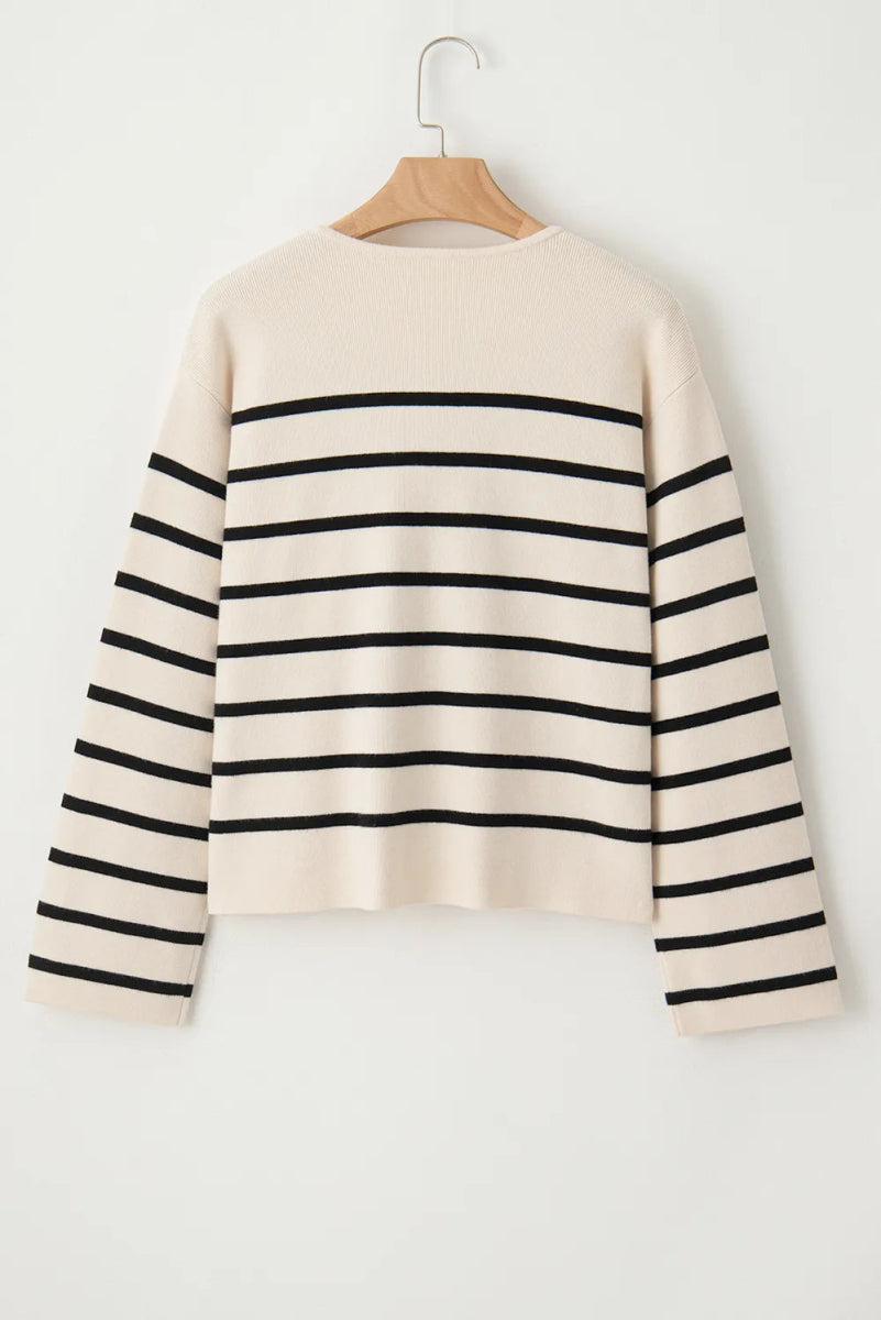 Striped Button Up Round Neck Cardigan - Necessary Clothing
