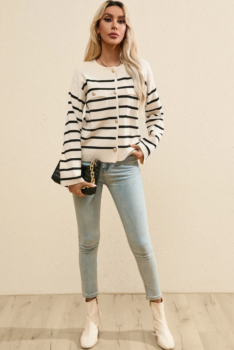 Striped Button Up Round Neck Cardigan - Necessary Clothing
