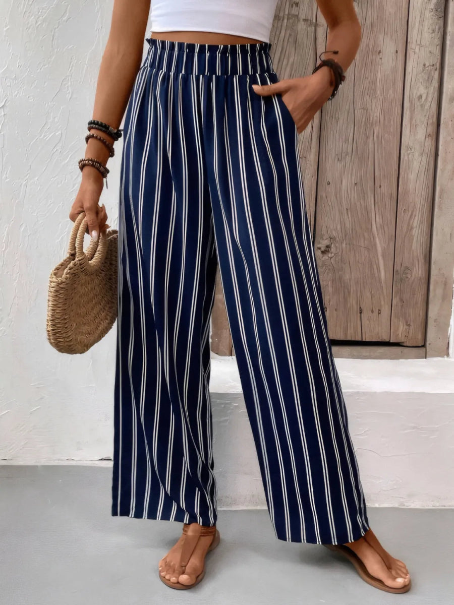Striped Pocketed Wide Leg Pants - Necessary Clothing