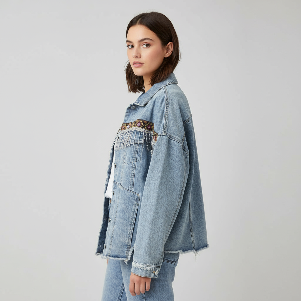 Tassel Embroidery Flowers Denim Loose Long Sleeve Short Jacket - Necessary Clothing