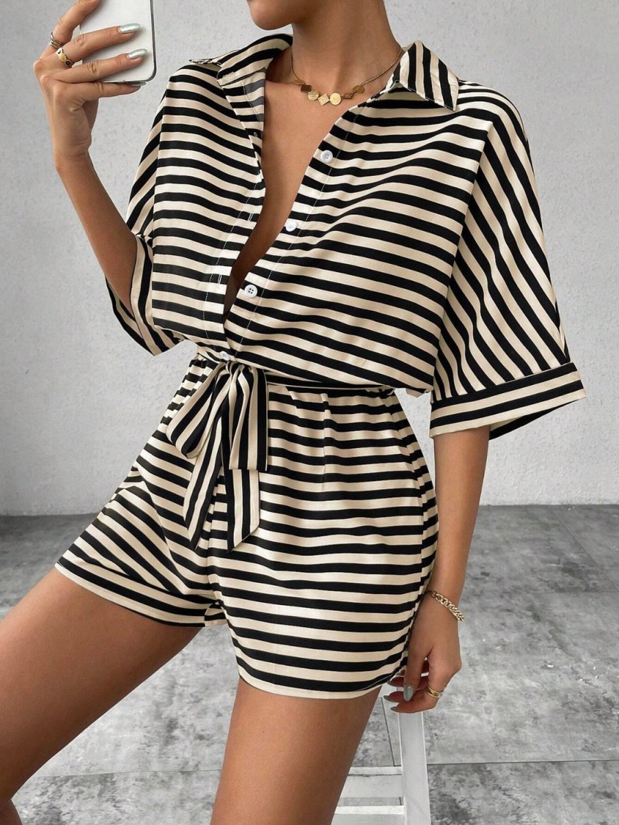 Tie Waist Half Button Striped Romper - Necessary Clothing