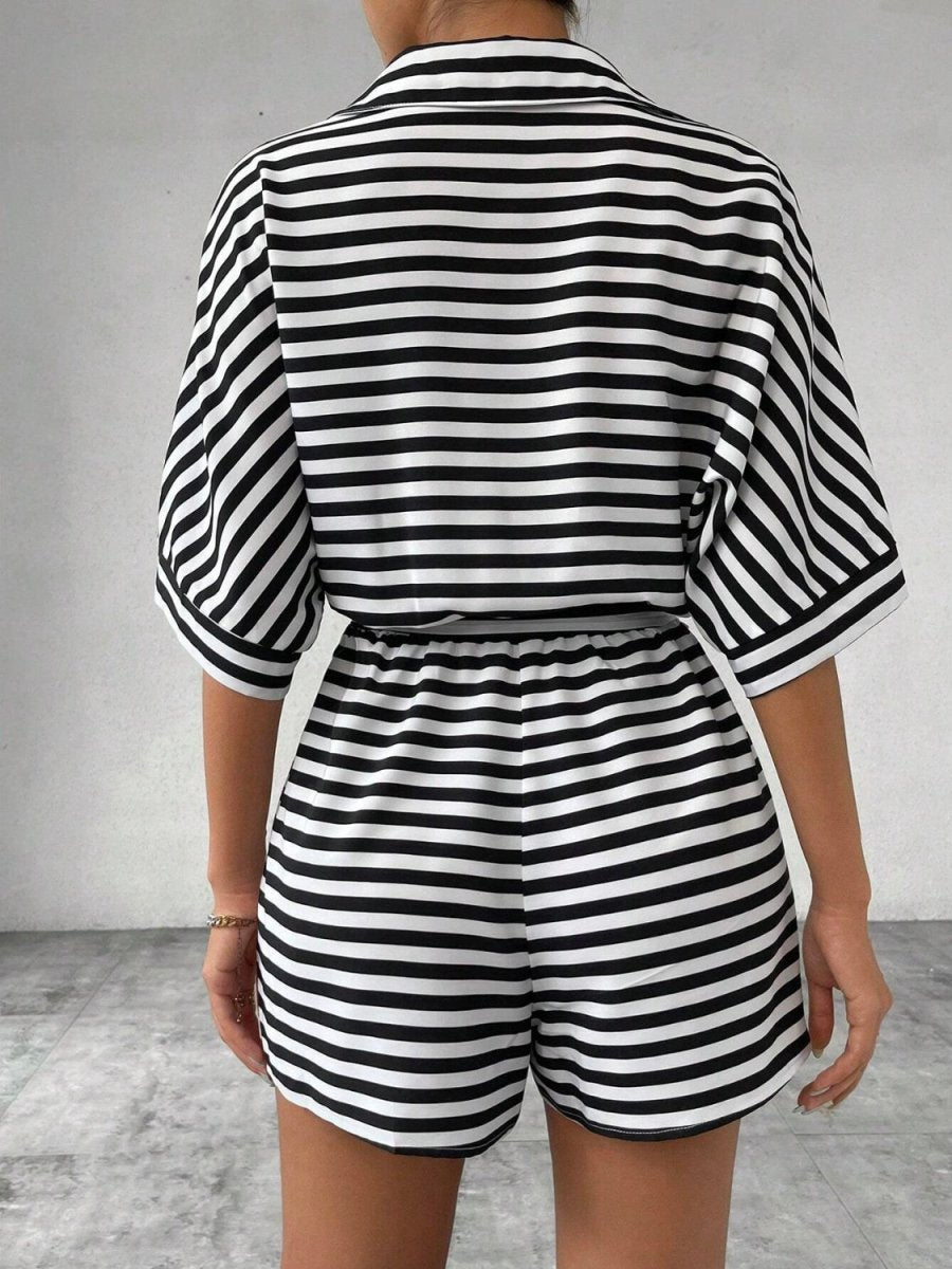 Tie Waist Half Button Striped Romper - Necessary Clothing