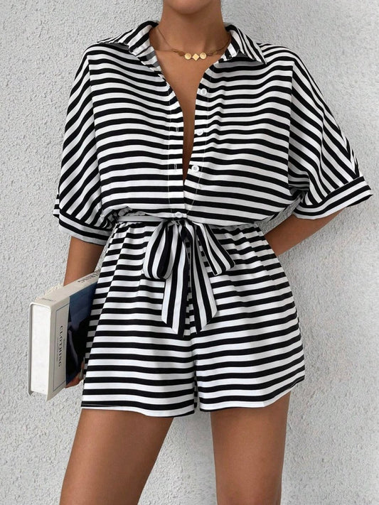 Tie Waist Half Button Striped Romper - Necessary Clothing