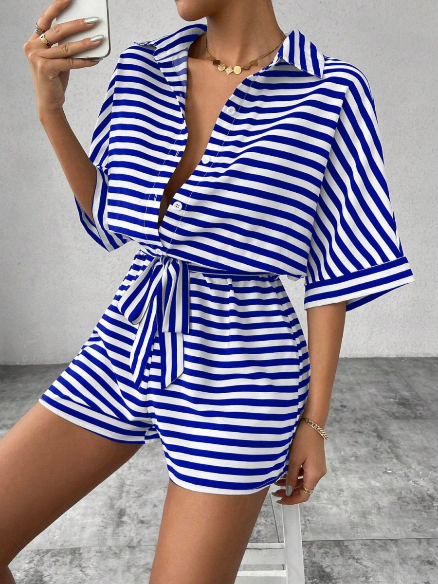 Tie Waist Half Button Striped Romper - Necessary Clothing