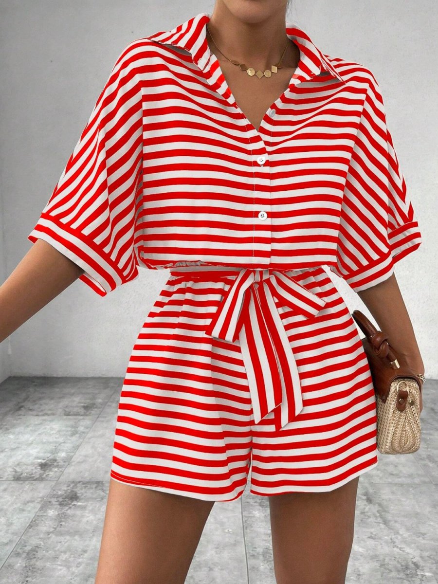 Tie Waist Half Button Striped Romper - Necessary Clothing