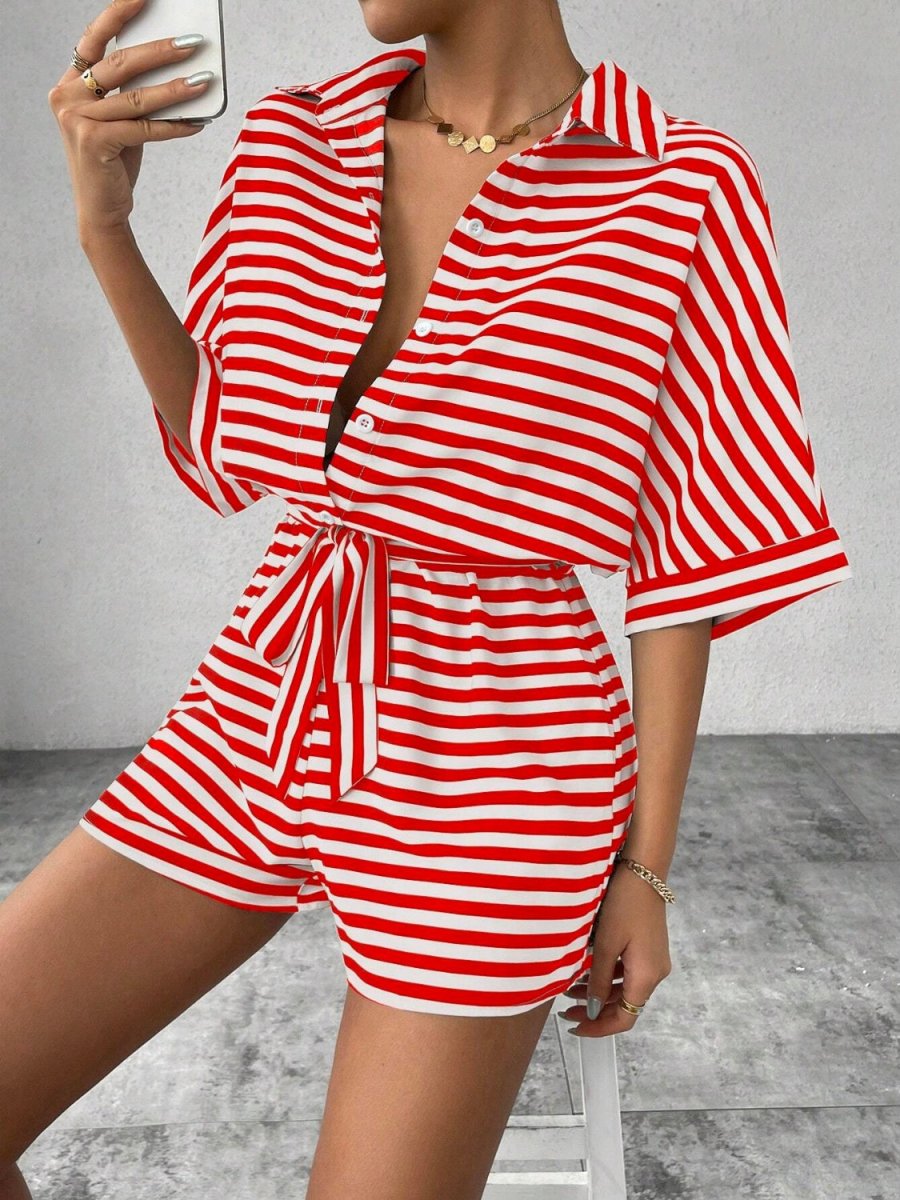 Tie Waist Half Button Striped Romper - Necessary Clothing