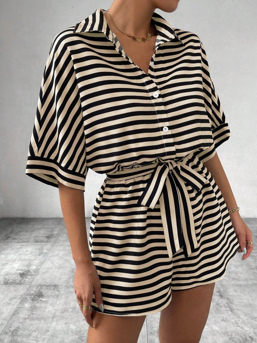 Tie Waist Half Button Striped Romper - Necessary Clothing