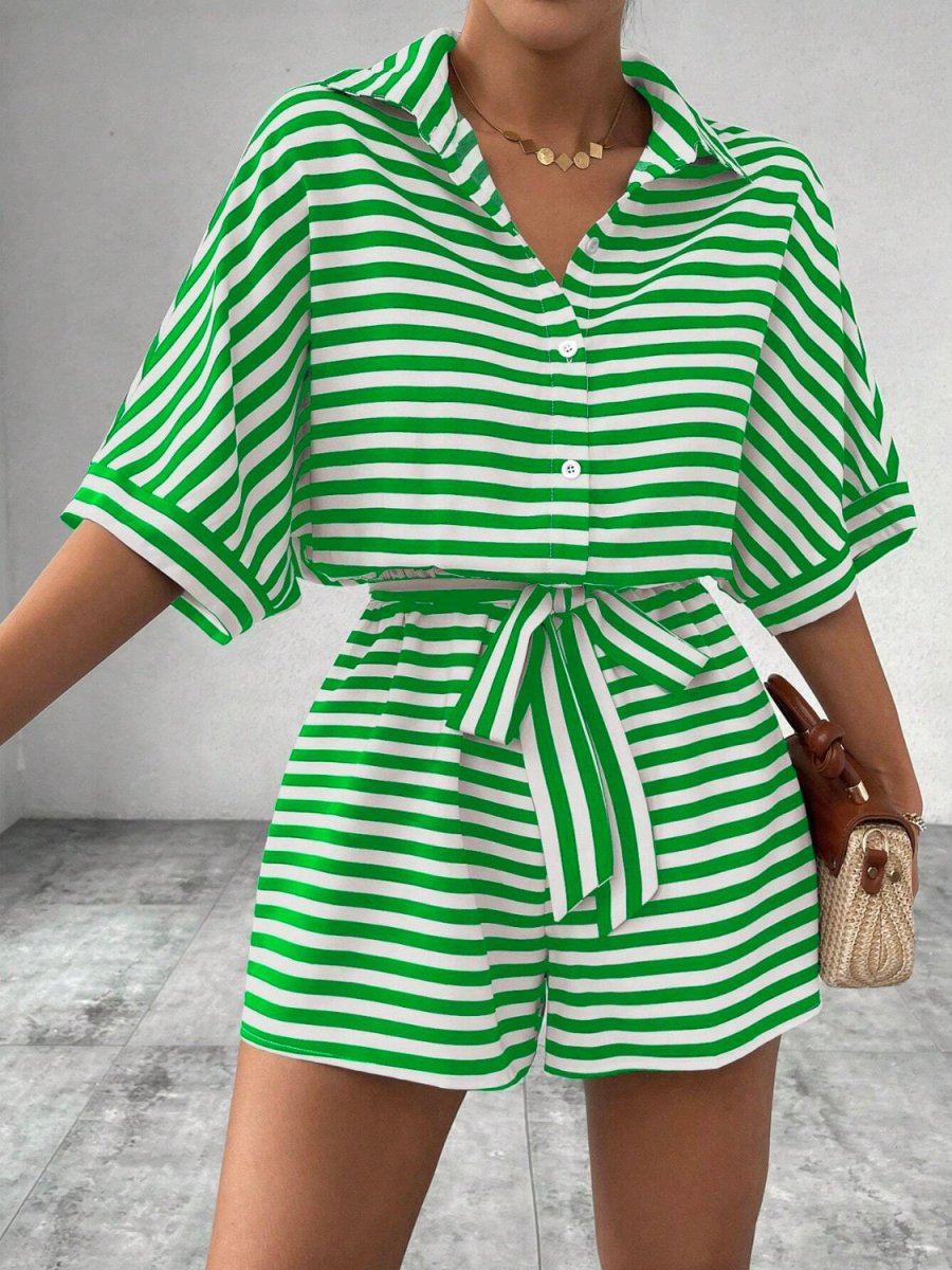 Tie Waist Half Button Striped Romper - Necessary Clothing