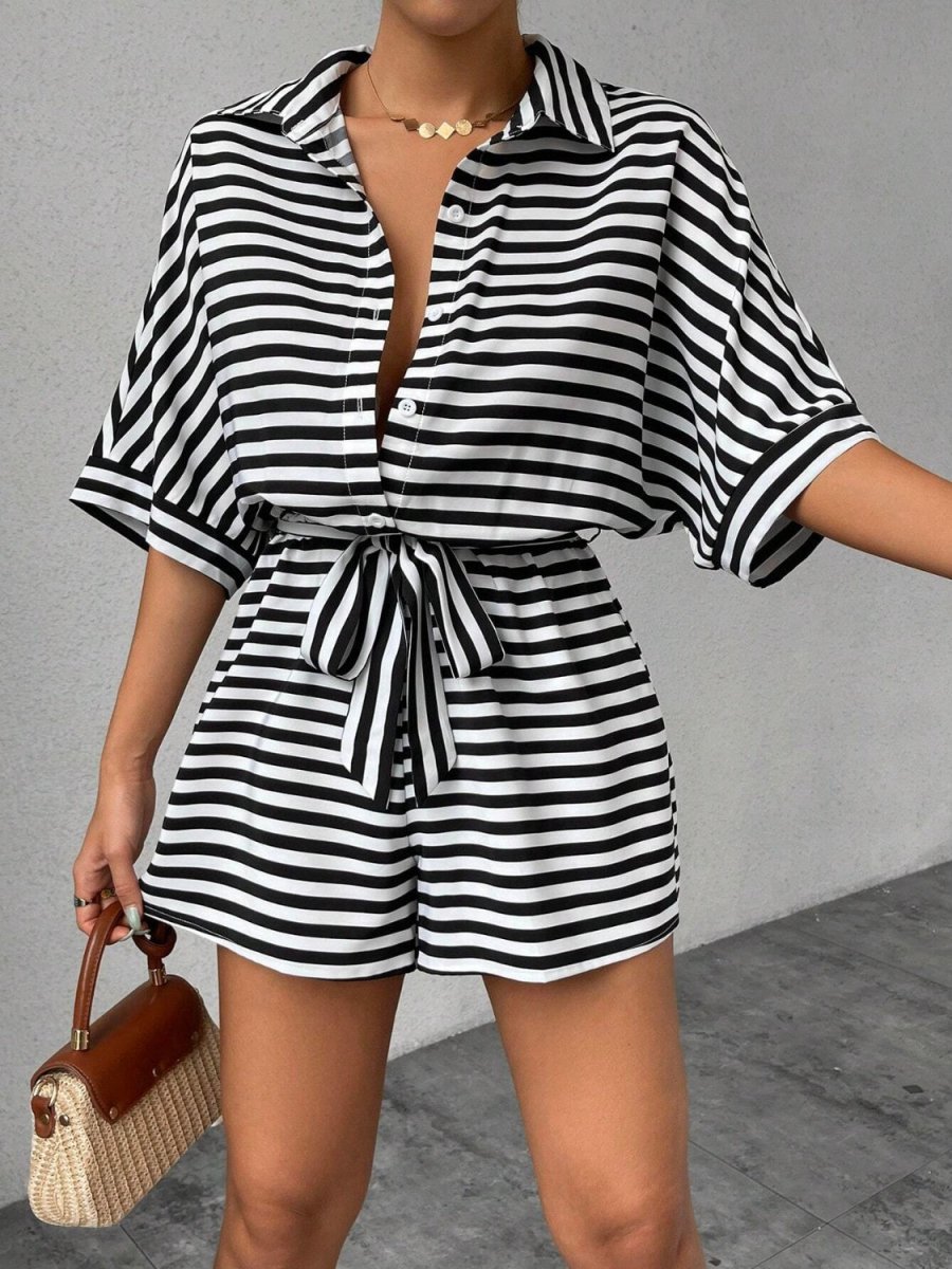 Tie Waist Half Button Striped Romper - Necessary Clothing