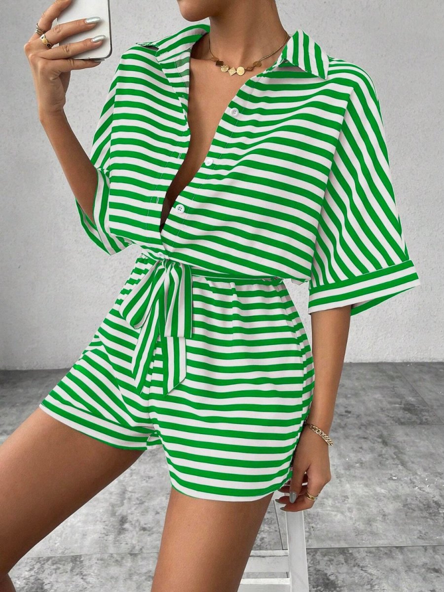 Tie Waist Half Button Striped Romper - Necessary Clothing