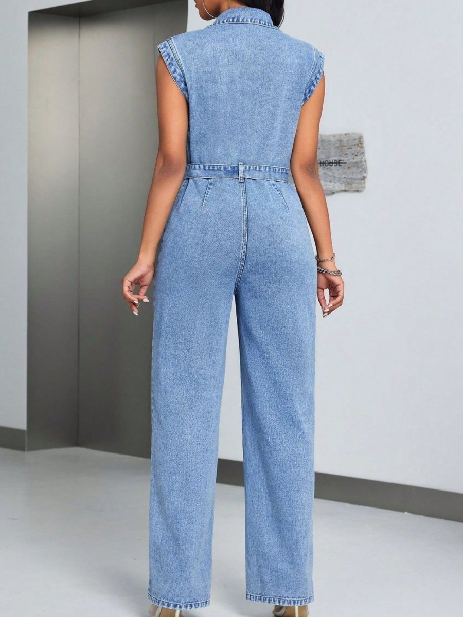 Tied Half Button Denim Jumpsuit with Pockets - Necessary Clothing