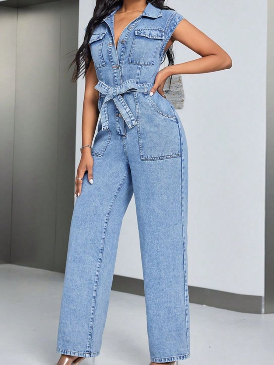 Tied Half Button Denim Jumpsuit with Pockets - Necessary Clothing