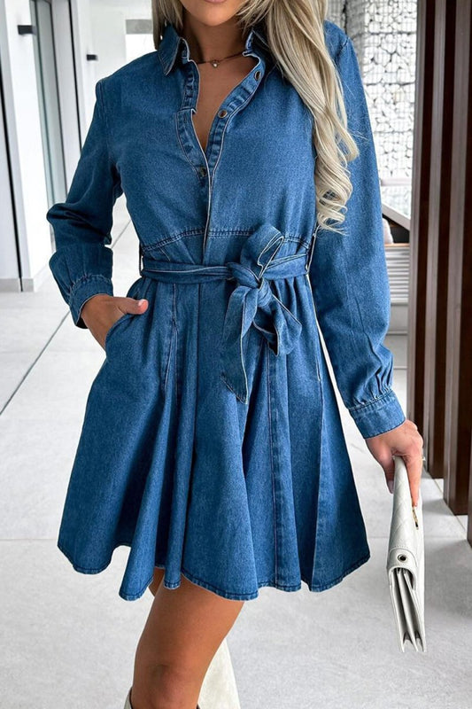 Tied Half Button Long Sleeve Denim Dress - Necessary Clothing