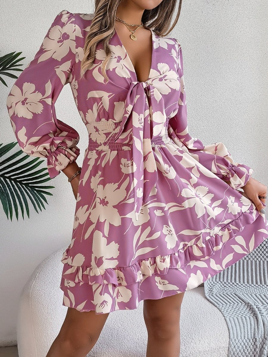 Tied Ruffled Printed Long Sleeve Dress - Necessary Clothing