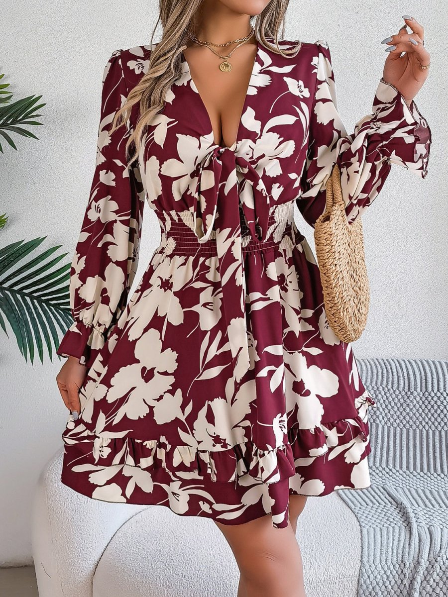 Tied Ruffled Printed Long Sleeve Dress - Necessary Clothing