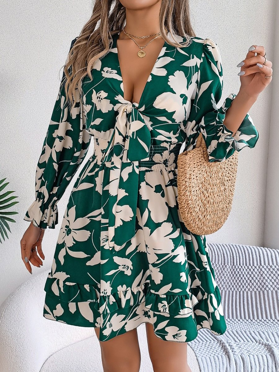 Tied Ruffled Printed Long Sleeve Dress - Necessary Clothing