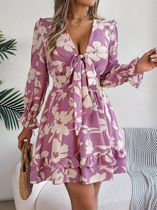 Tied Ruffled Printed Long Sleeve Dress - Necessary Clothing