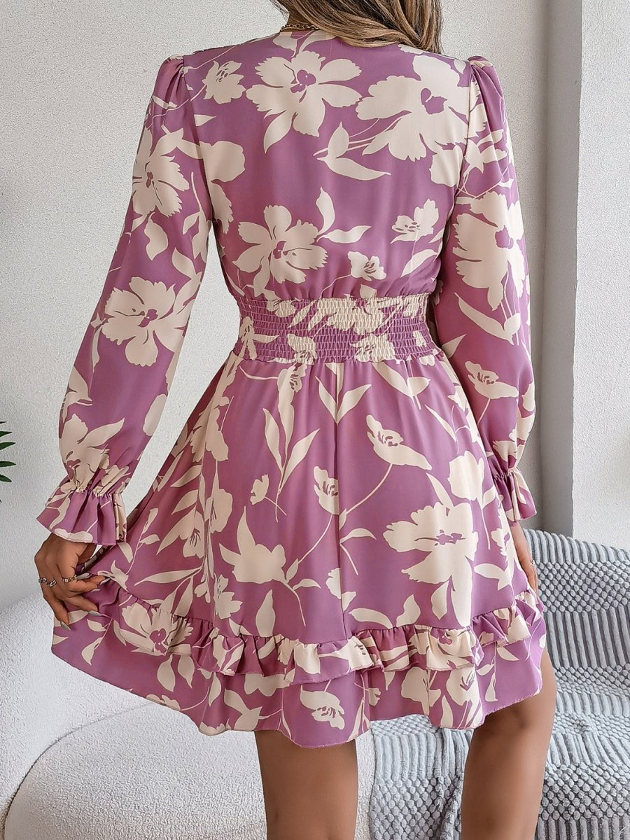 Tied Ruffled Printed Long Sleeve Dress - Necessary Clothing