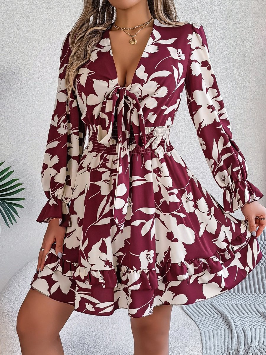 Tied Ruffled Printed Long Sleeve Dress - Necessary Clothing