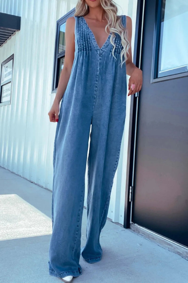 V - Neck Sleeveless Denim Jumpsuit - Necessary Clothing