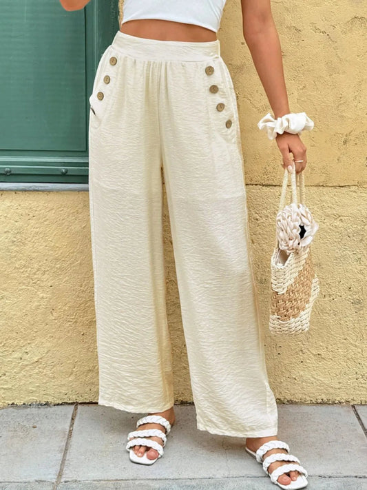 Decorative Button Wide Leg Pants with Pockets - Necessary Clothing