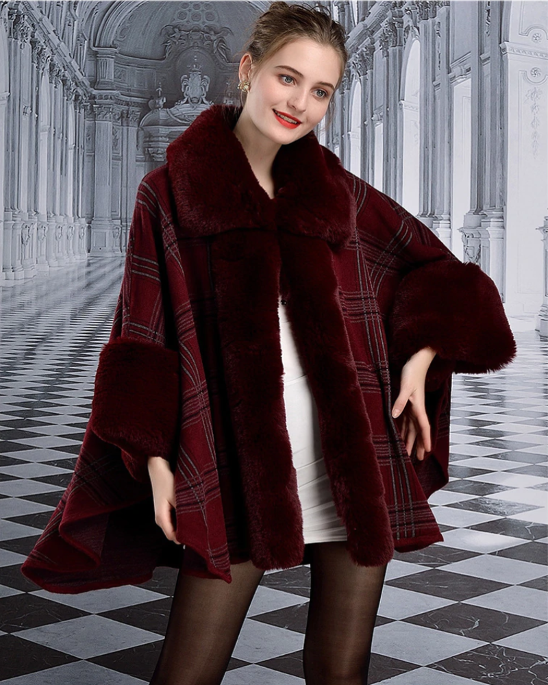 Cape Plaid Poncho Faux Rabbit Fur Big Fur Collar Shawl Thick Warm Knit Cardigan Cloak Coat - Necessary Clothing Store